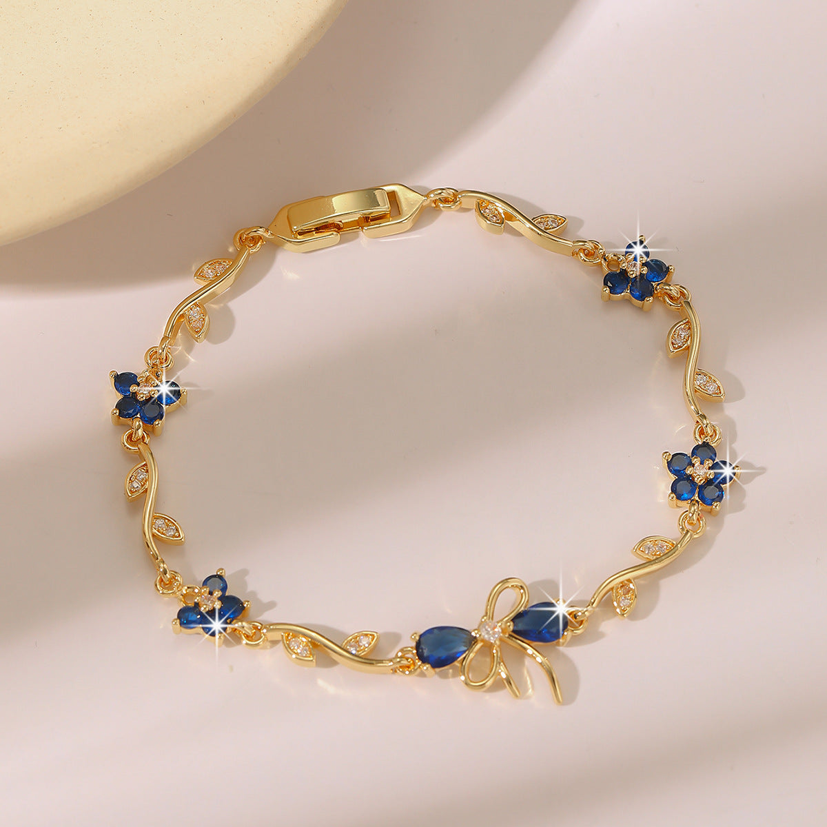 Luxury Gold Plated Brass Leaf Bracelet with Cubic Zirconia Inlay Unisex Floral Design