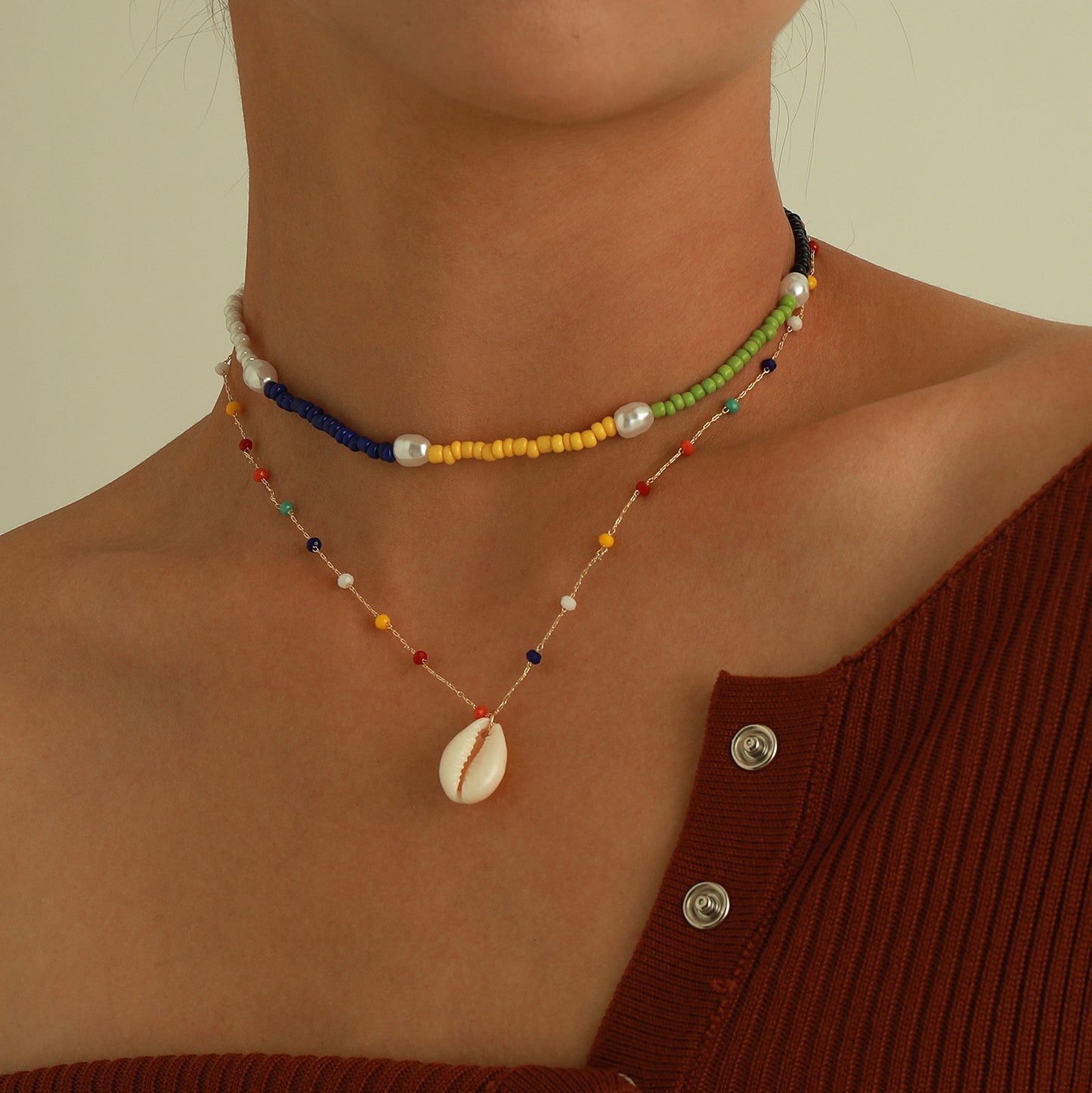 Minimalist Geometric Beaded Shell Pendant Necklace for Women with Pearl and Colorful Beads on Ball Chain
