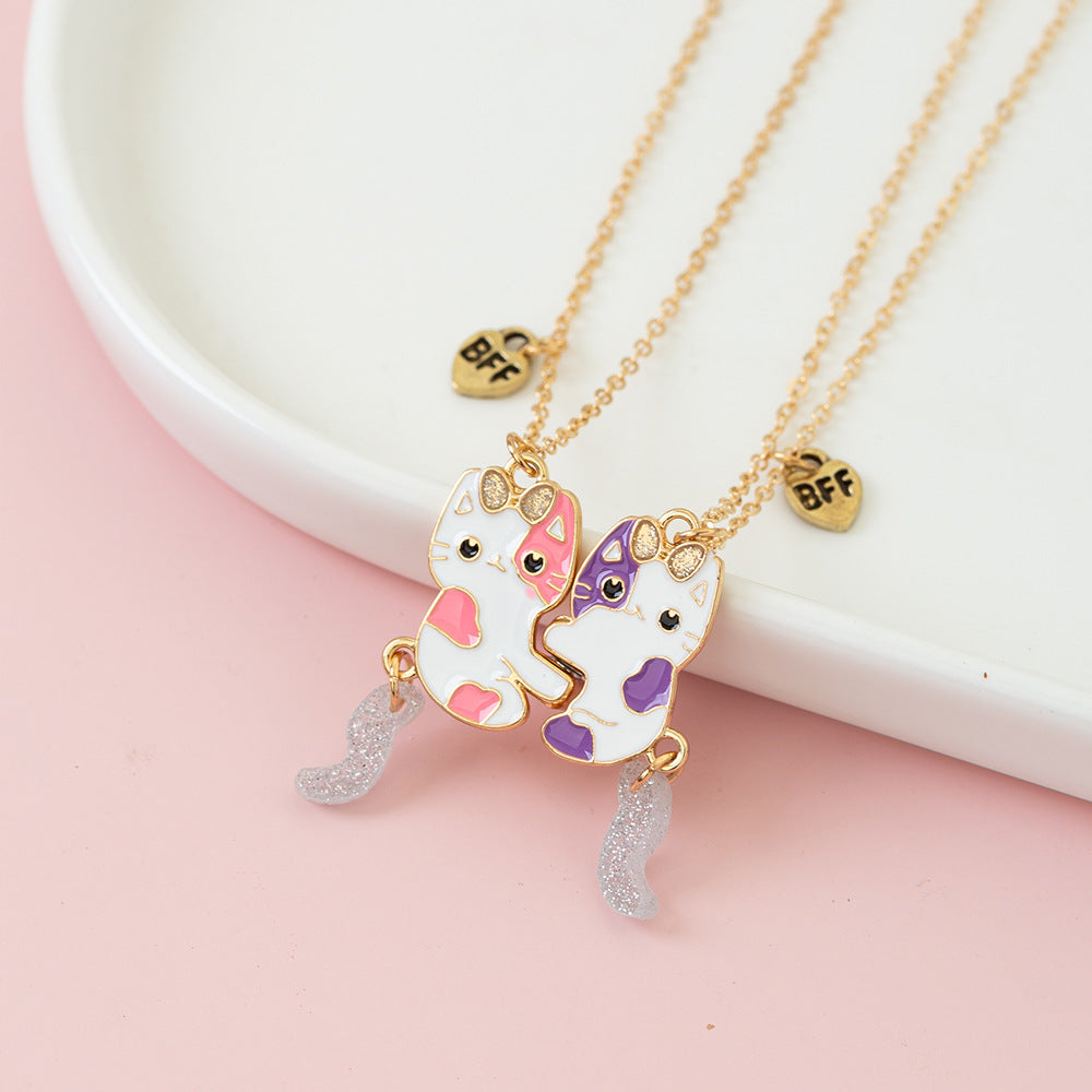Collana con ciondolo gatto cartone animato per bambini, collana in lega con finitura smaltata, stile catena serpente per bambine dai 3 ai 10 anni