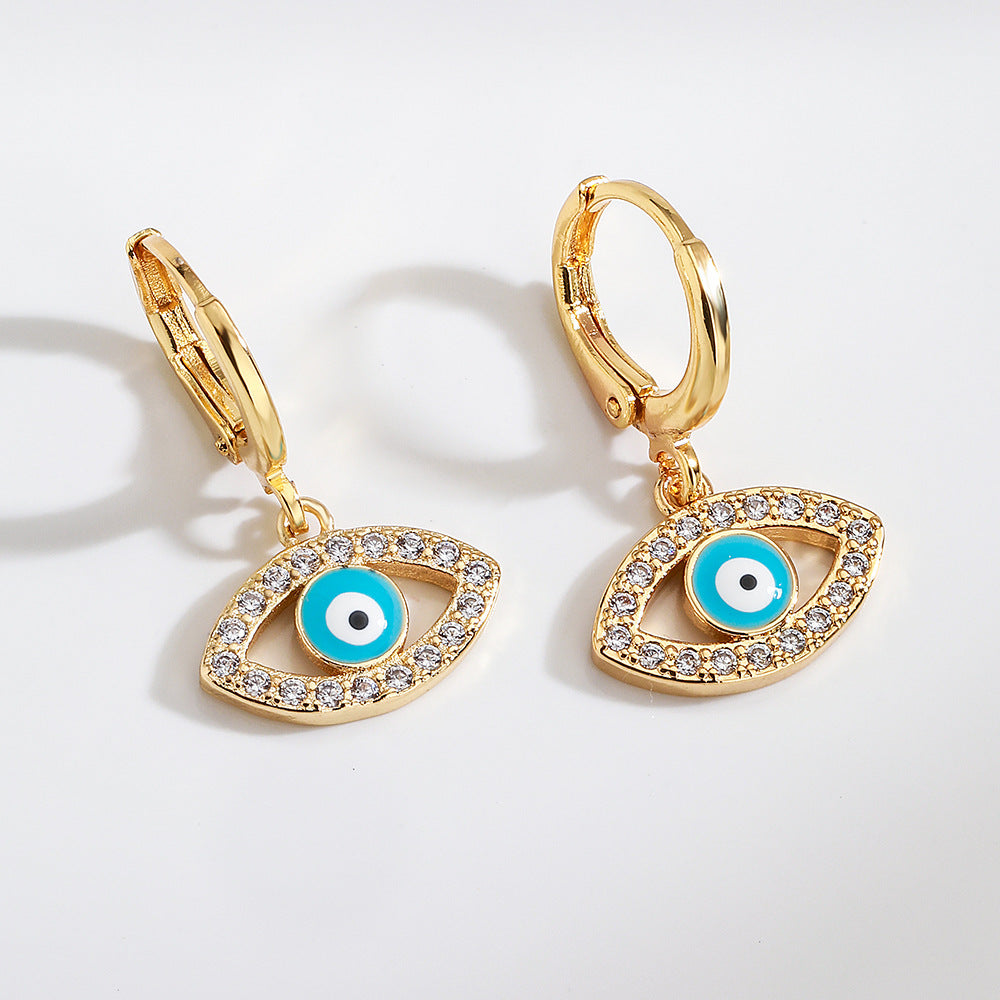 Minimalist Geometric Evil Eye Zircon Earrings for Women with Copper Base and 18K Gold Plating