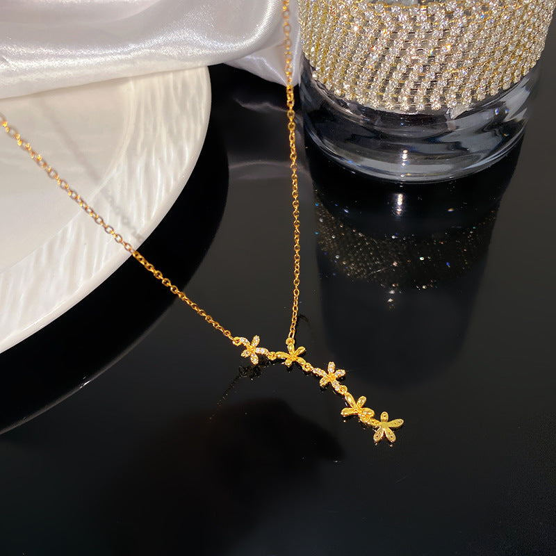 Micro-Paved Cubic Zirconia Star Floral Tassel Titanium Steel Necklace for Women