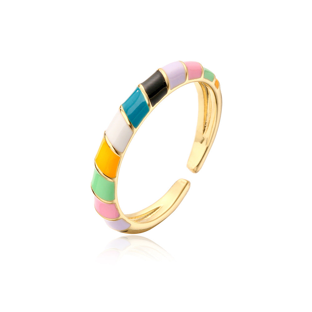 Anello Aperto Geometrico da Donna Stile Bohémien Realizzato in Rame con Placcatura in Oro e Finitura Smaltata