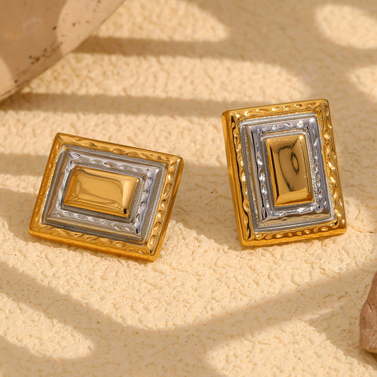 Geometric Frame Stud Earrings in Stainless Steel with 18K Gold Plating for Women, Fashionable Office-Ready Design