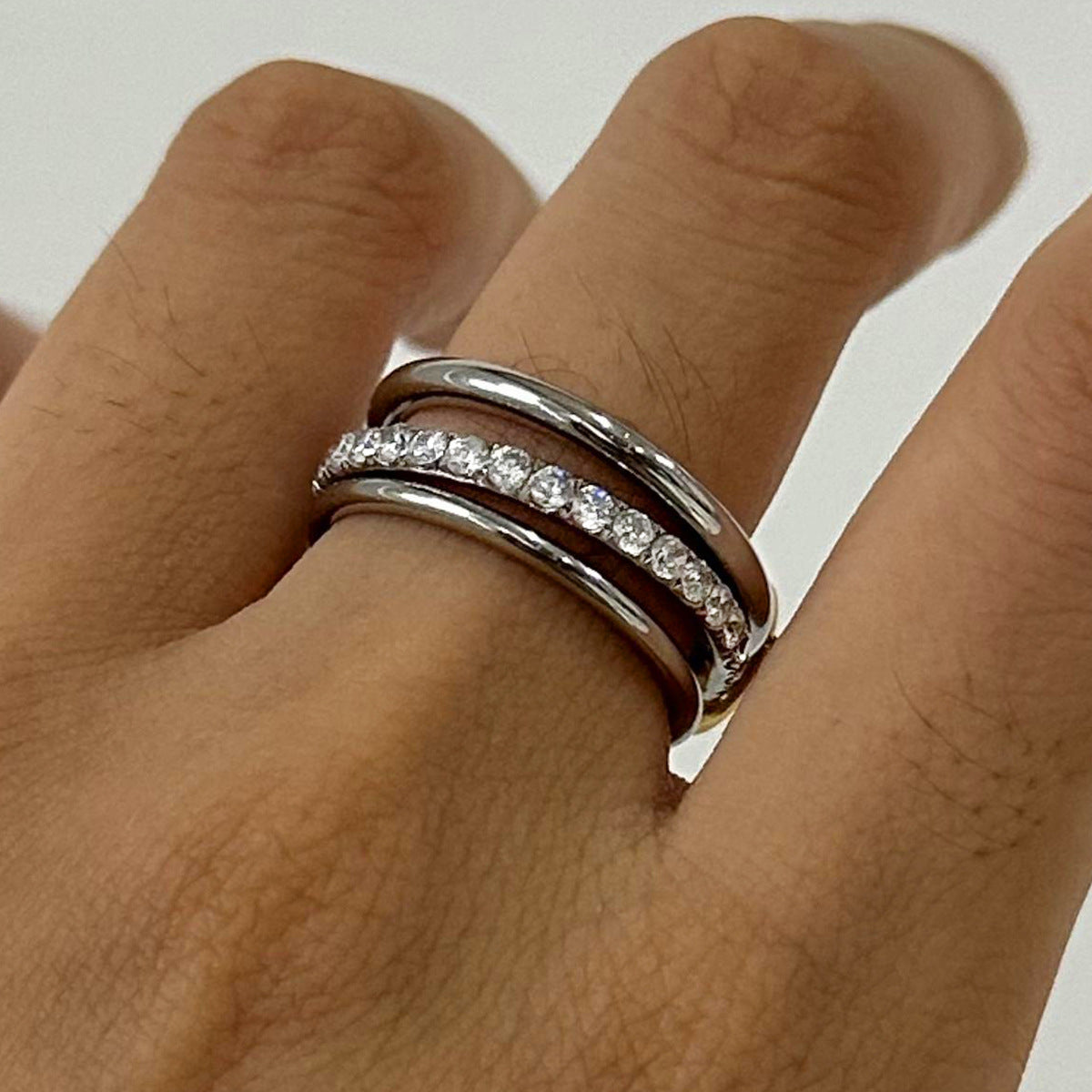Geometric Stainless Steel Stackable Plain Band Ring with Plated Finish and Zirconia Accents for Women
