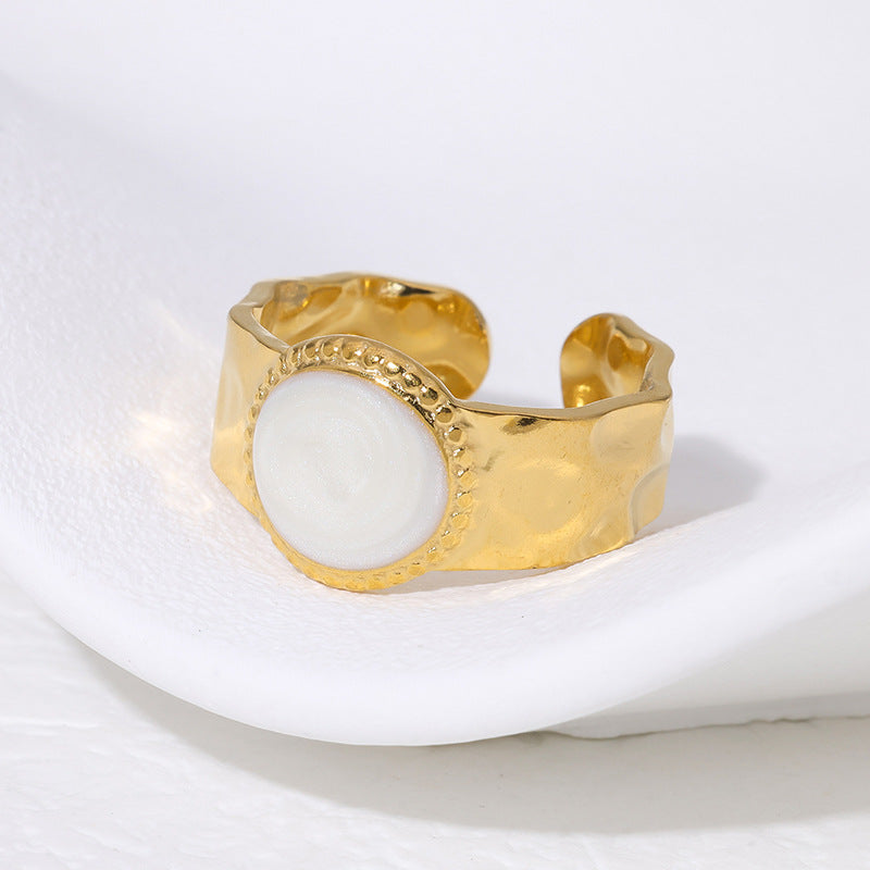 Vintage French-Style Geometric Titanium Steel Ring for Women with 18K Gold Plating and Enamel Finish
