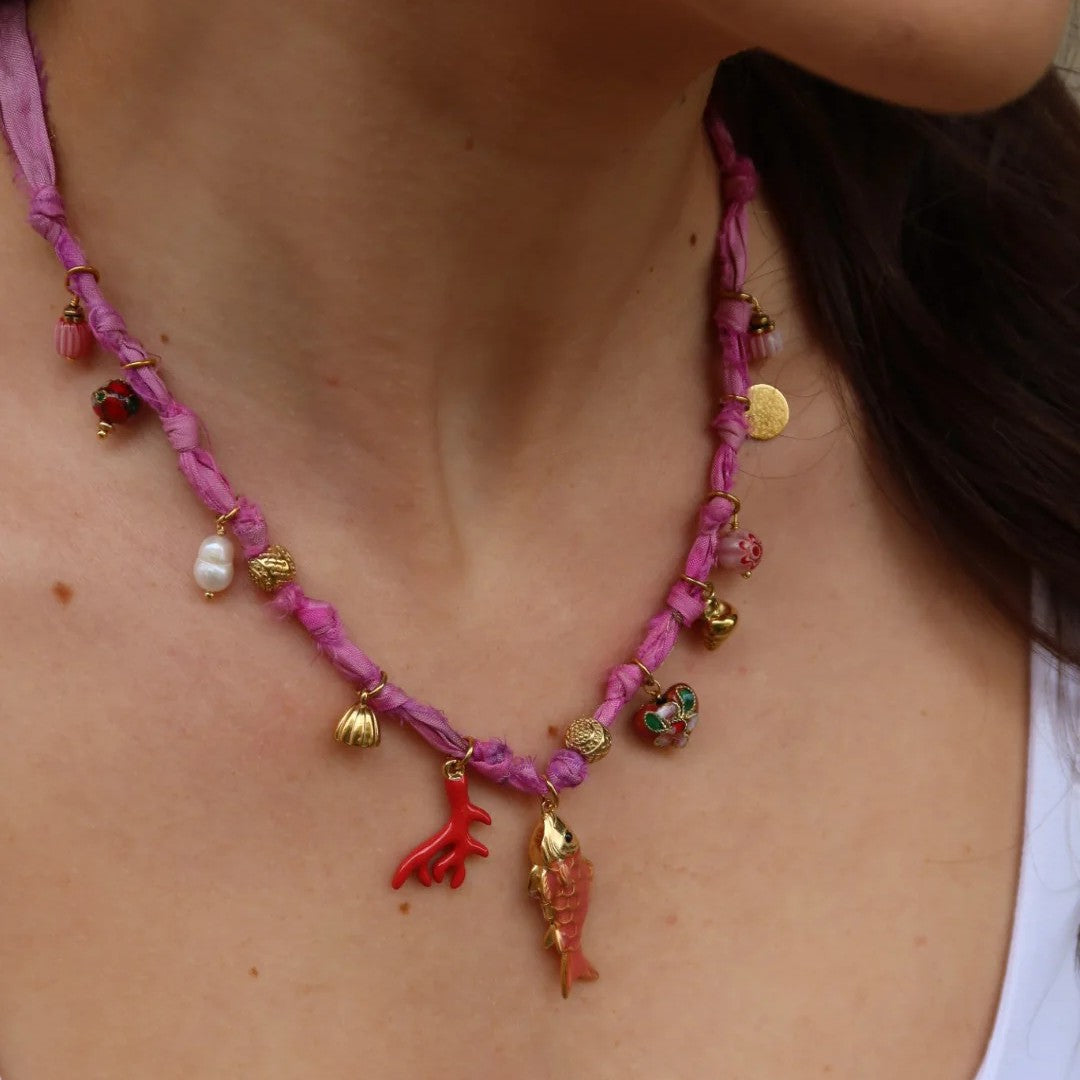 Fashion 18K Gold Plated Copper Heart Baroque Pearl Shell Coral Fish Pendant Necklace for Women