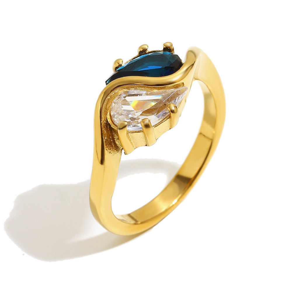 Anello da donna in acciaio inossidabile placcato oro 18 carati con zircone a goccia Tai Chi, geometrico e minimalista