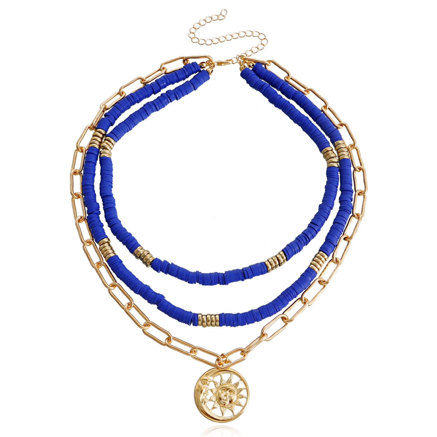 Bohemian Multilayer Polymer Clay Evil Eye Necklace for Women with Geometric Pendant, Alloy Chain, Electroplated Finish
