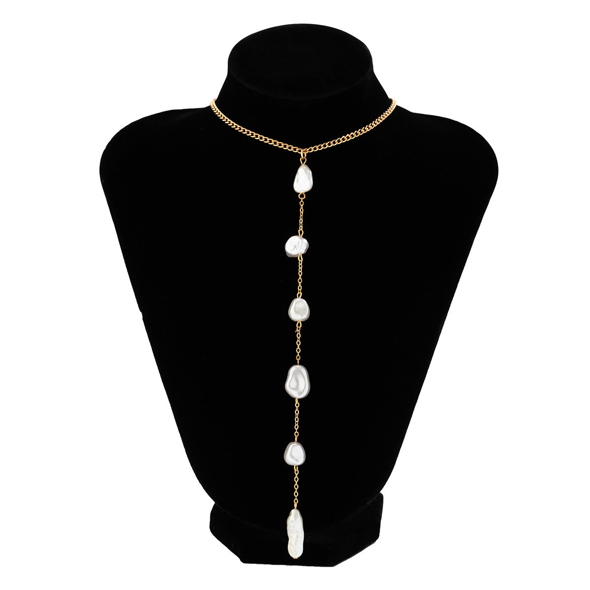 Collana pendente a Y in stile vintage francese da donna con nappe e perle finte, placcata in oro, su catena ad anelli