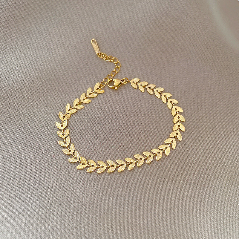 Minimalist Vintage Leaf Link Chain Bracelet in Titanium Steel with Wavy and Bean Pattern