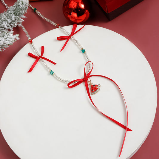 Collana girocollo alla moda in lega geometrica con fiocco natalizio ed elementi festivi da donna