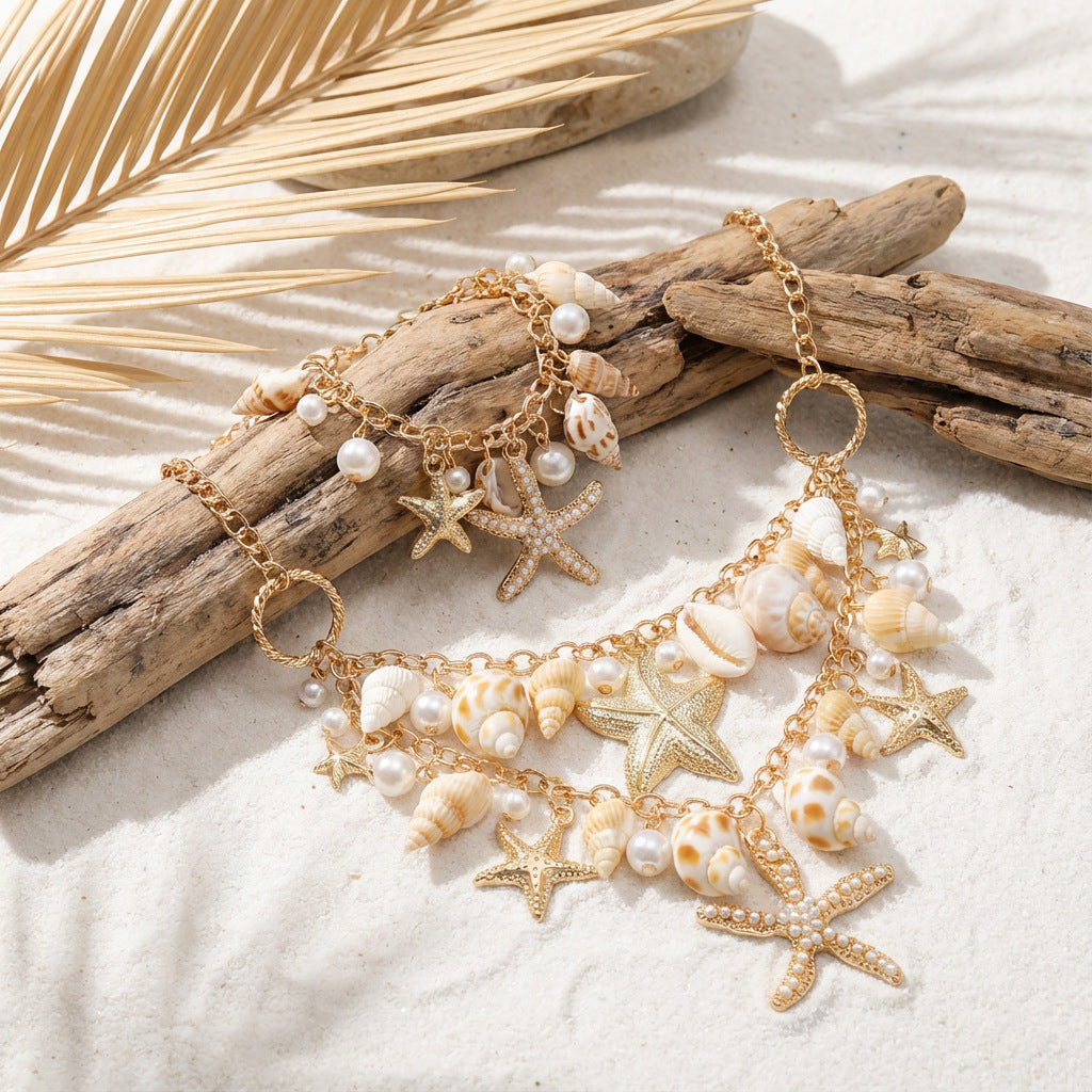 Bohemian Vintage Geometric Shell Starfish Conch Alloy Plated Body Chain for Women