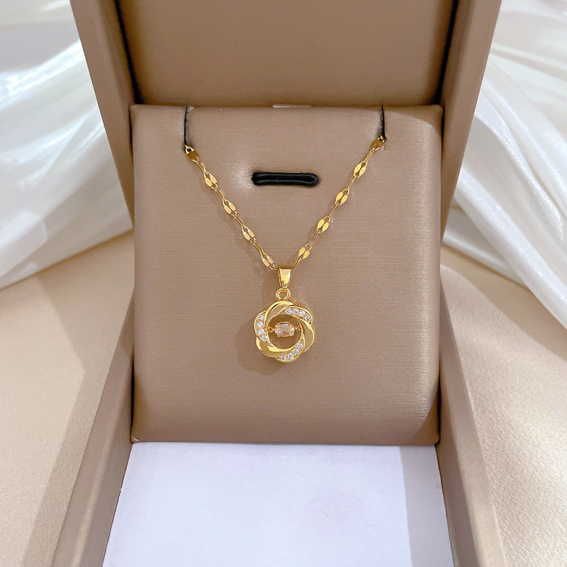 Collana pendente a luna geometrica da donna in acciaio inossidabile di lusso con intarsio di strass e catena regolabile in acciaio inossidabile