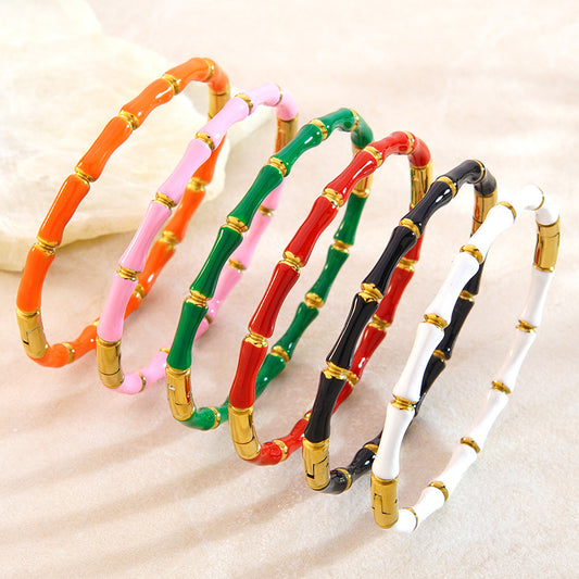 Bracciale di lusso in acciaio inossidabile a giunto di bambù geometrico placcato oro 18 carati con smalto a goccia
