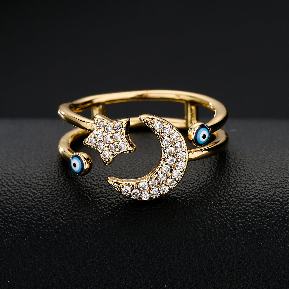 Minimalist Geometric Open Ring with Enamel Evil Eye Design in Copper for Women