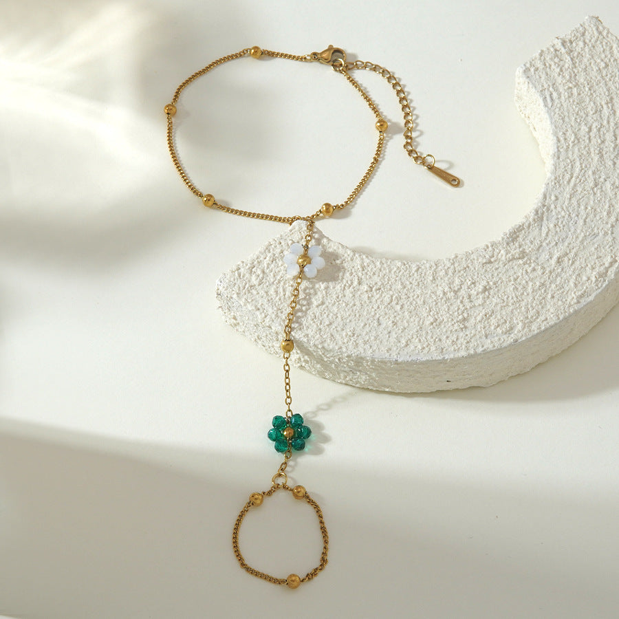 Elegante bracciale con anello a catena floreale geometrico minimalista in acciaio inossidabile placcato per donne