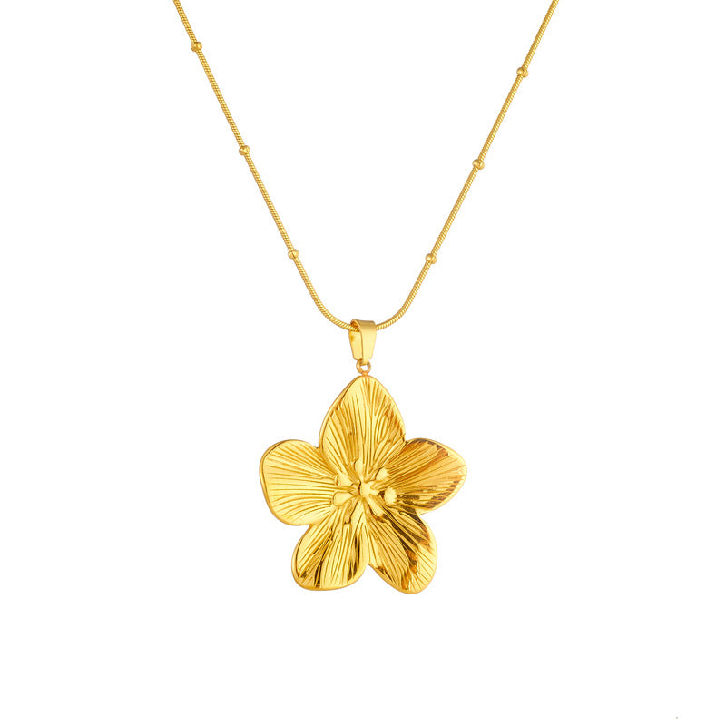 Vintage Gold Plated Floral Stainless Steel Pendant Necklace with Snake Chain for Women