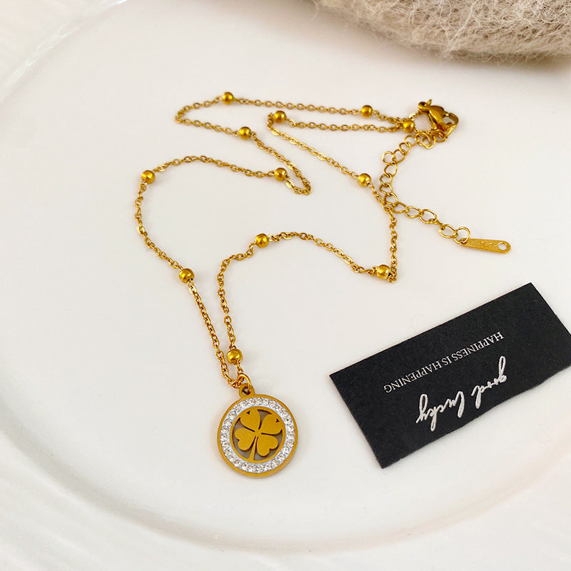 Gold Plated Titanium Steel Micro-Pave Diamond Hollow Round Geometric Necklace and Earring Set