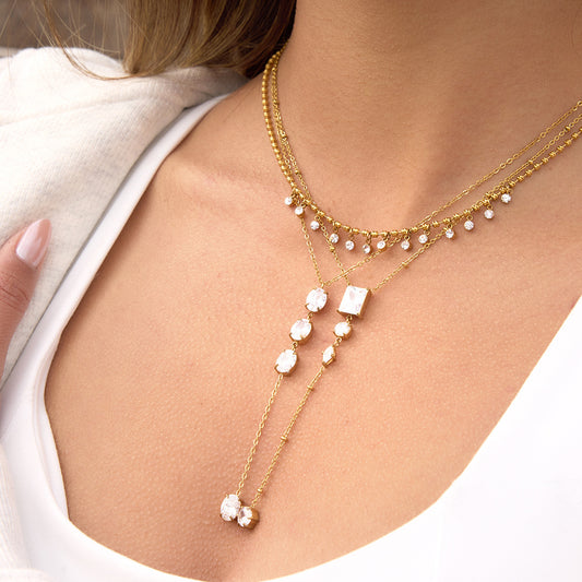 Elegant Minimalist Geometric Oval Cubic Zirconia PVD Gold Plated Stainless Steel Y-Chain Necklace for Women