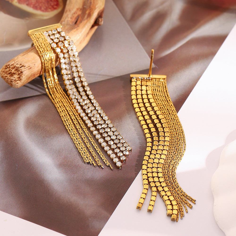 Luxury Geometric Stainless Steel Earrings with 18K Gold Plating Rhinestone Chain and Tassel Detail