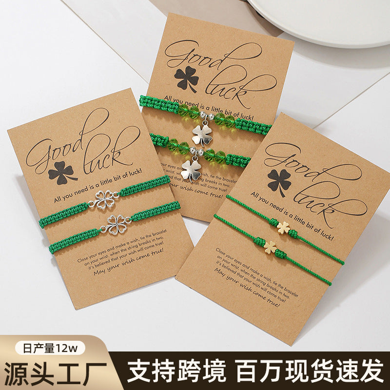 Green Four-Leaf Clover Stainless Steel Woven Bracelet for Women and Men