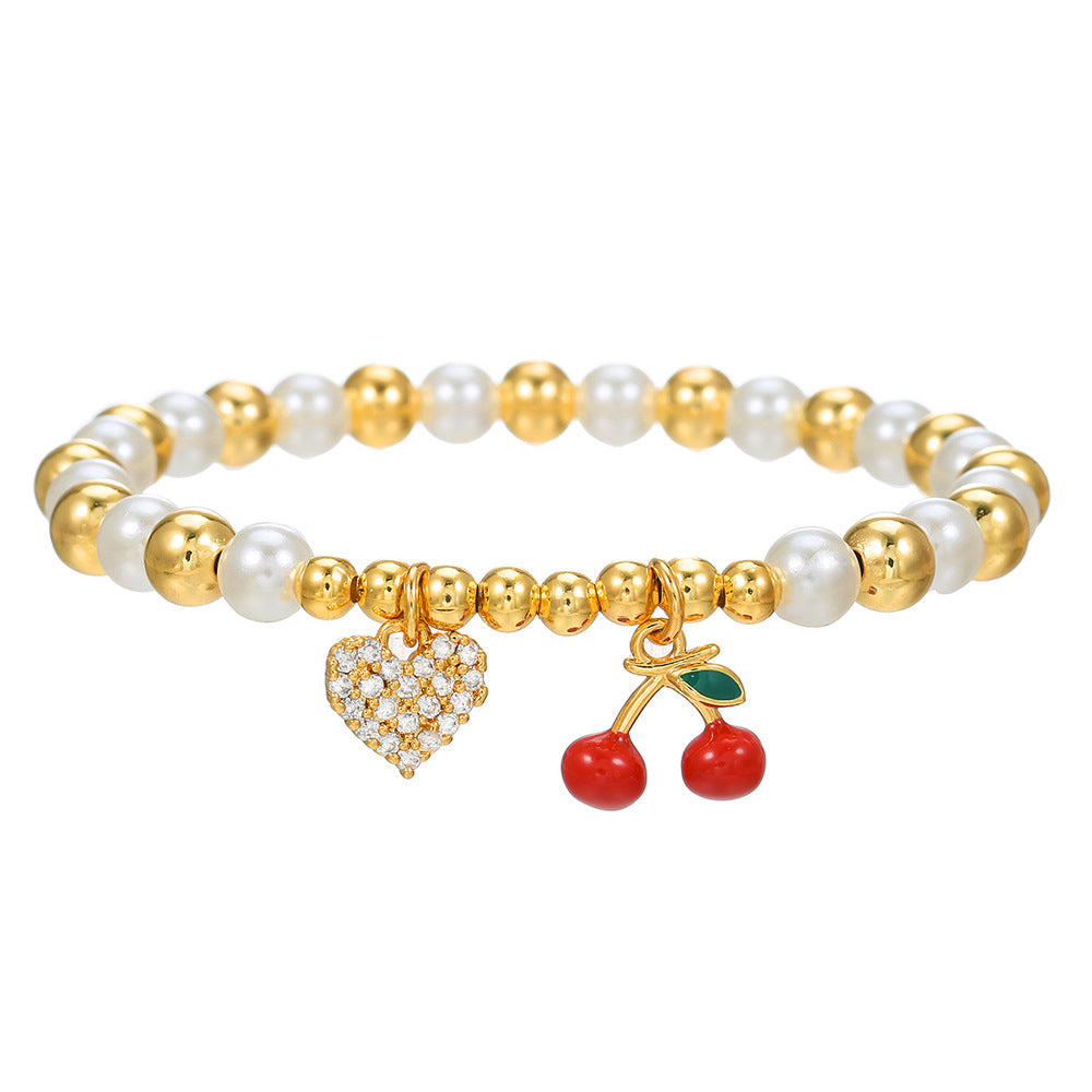 Cherry Heart Cross Fruit Shape Brass Bracelet with Cubic Zirconia and Pearl Inlay for Unisex