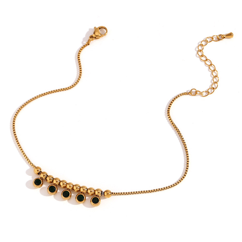 Vintage Geometric Stainless Steel Anklet with 18K Gold Plating and Green Rhinestone Accents for Women