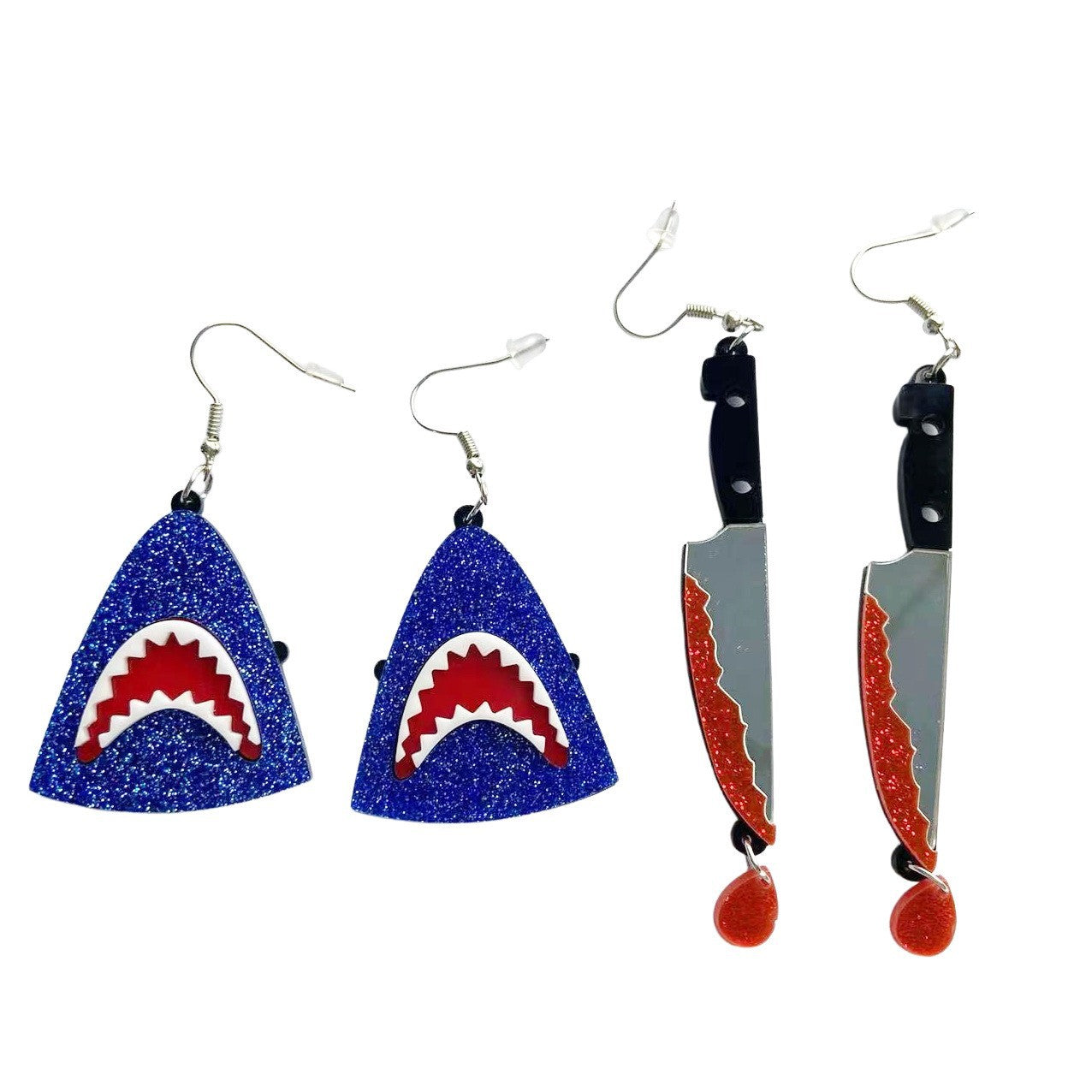 Punk Style Shark Animal Acrylic Earrings with Blue Glitter and Blood-Drop Knife Design for Halloween