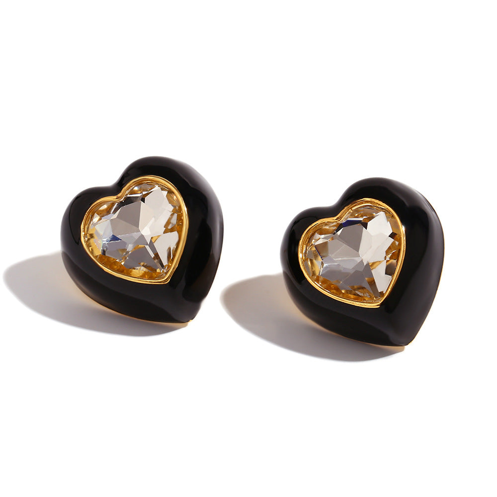 Fashionable Heart-Shaped Stainless Steel Earrings with 18K Gold Plating and Enamel Finish for Women