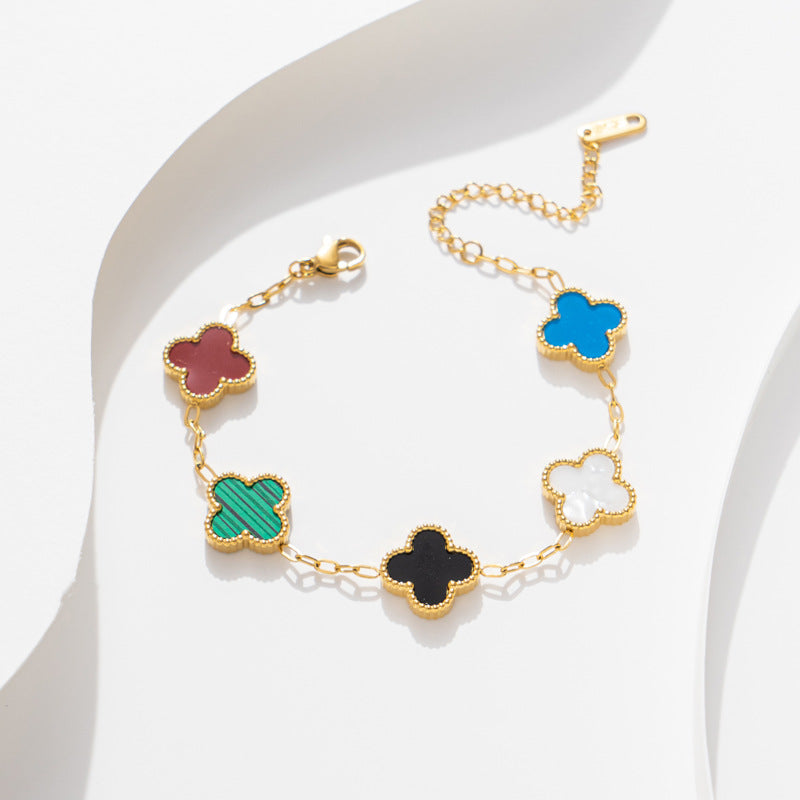 Luxury Geometric Four-Leaf Clover Bracelet 18K Gold Plated Titanium Steel Five-Color Double-Sided Women