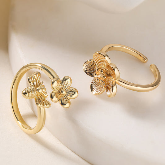 Minimalist Vintage 18K Gold Plated Brass Geometric Flower Bee Ring for Women