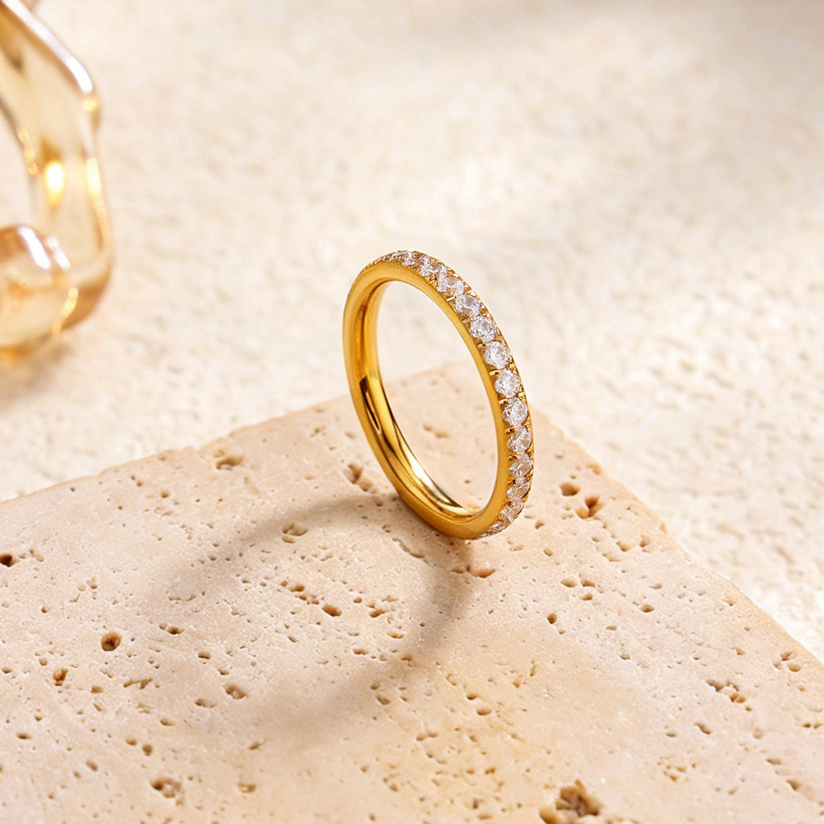 Luxury Minimalist 18K Gold Plated Stainless Steel Rhinestone Inlaid Geometric Open Ring for Women