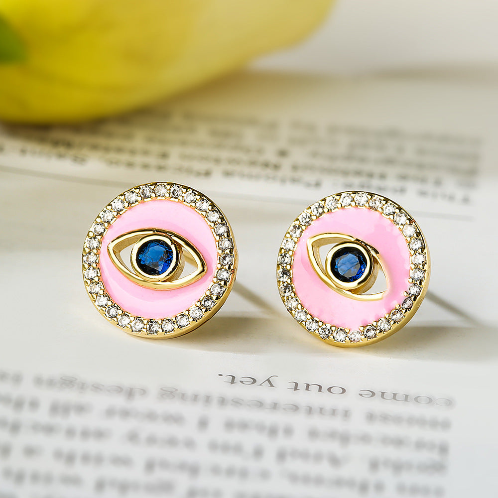 Geometric Demon Eye Earrings for Women with Copper Base Plated in Real Gold and Micro-Paved Zirconia with Enamel Detailing
