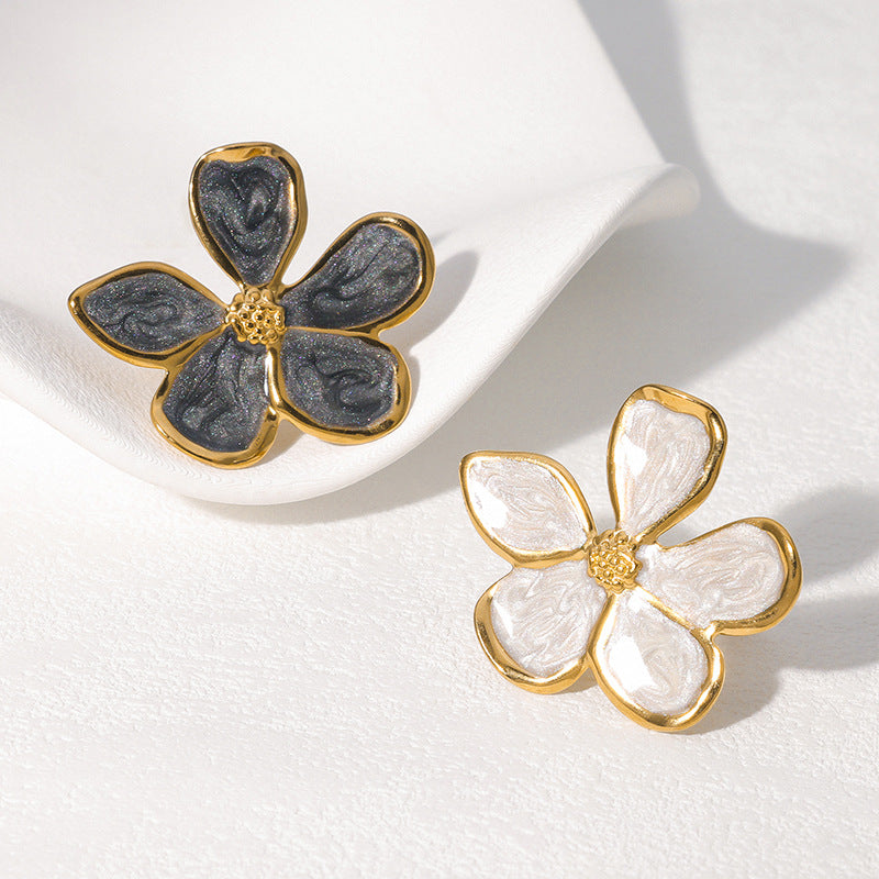 Vintage French-Style Stainless Steel Ring with Enamel Five-Petal Floral Design for Women, Minimalist Adjustable Open Band