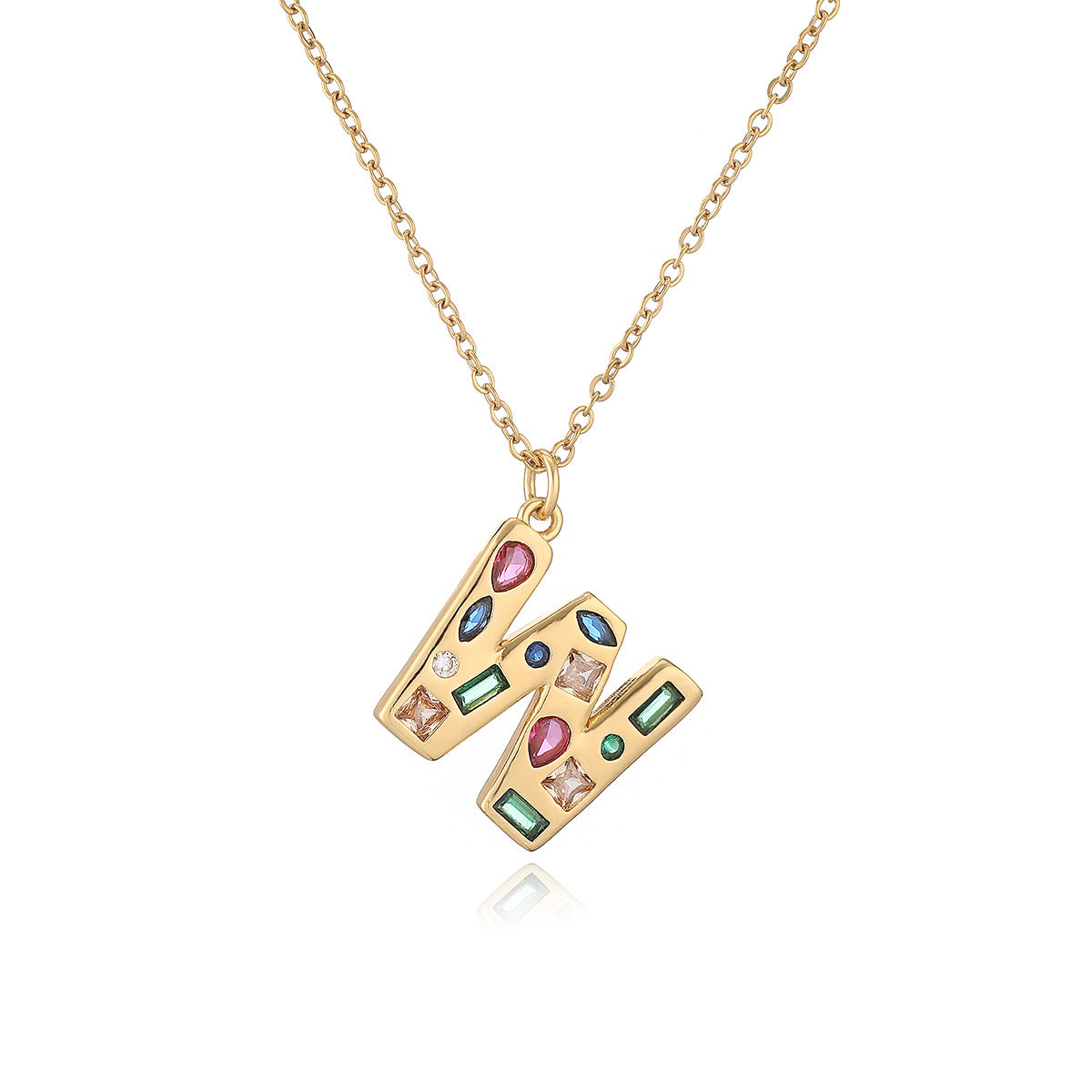 Minimalist Letter Shape Copper Pendant Necklace with 18K Gold Plating and Colored Zircon Inlay for Women