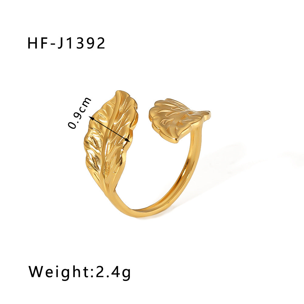 Minimalist Instagram Style Geometric Hollow Leaf and Floral Titanium Steel Ring with 18K Gold Plating for Women