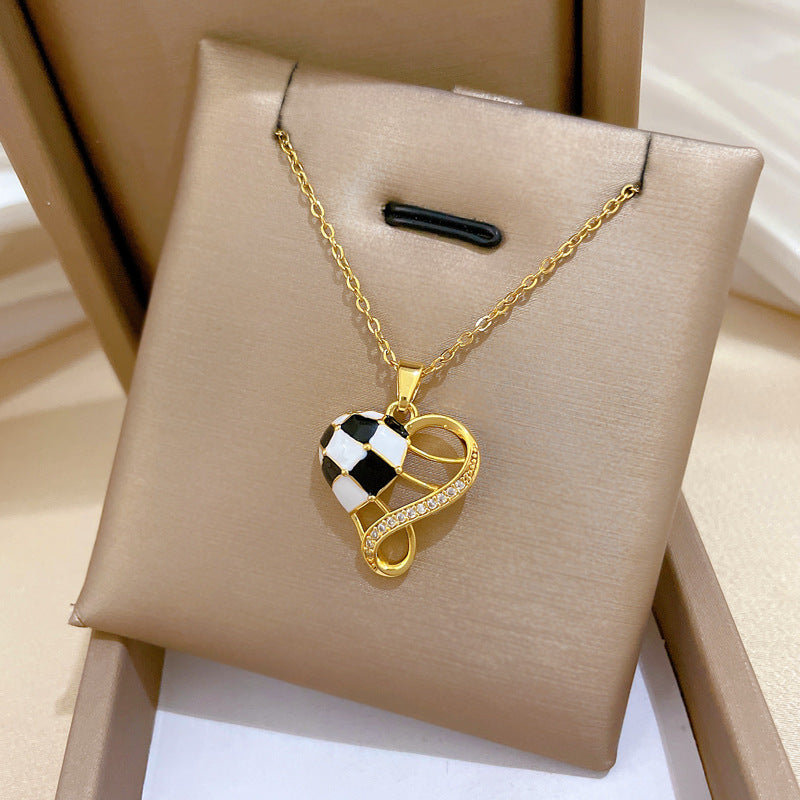 Sweet Elegant Geometric Checkered Rhinestone Pendant Necklace Titanium Steel Cable Chain for Unisex
