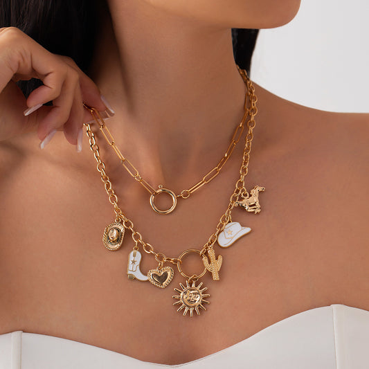 Sweet Heart Geometric Drip Oil Alloy Titanium Steel Pendant Necklace for Women