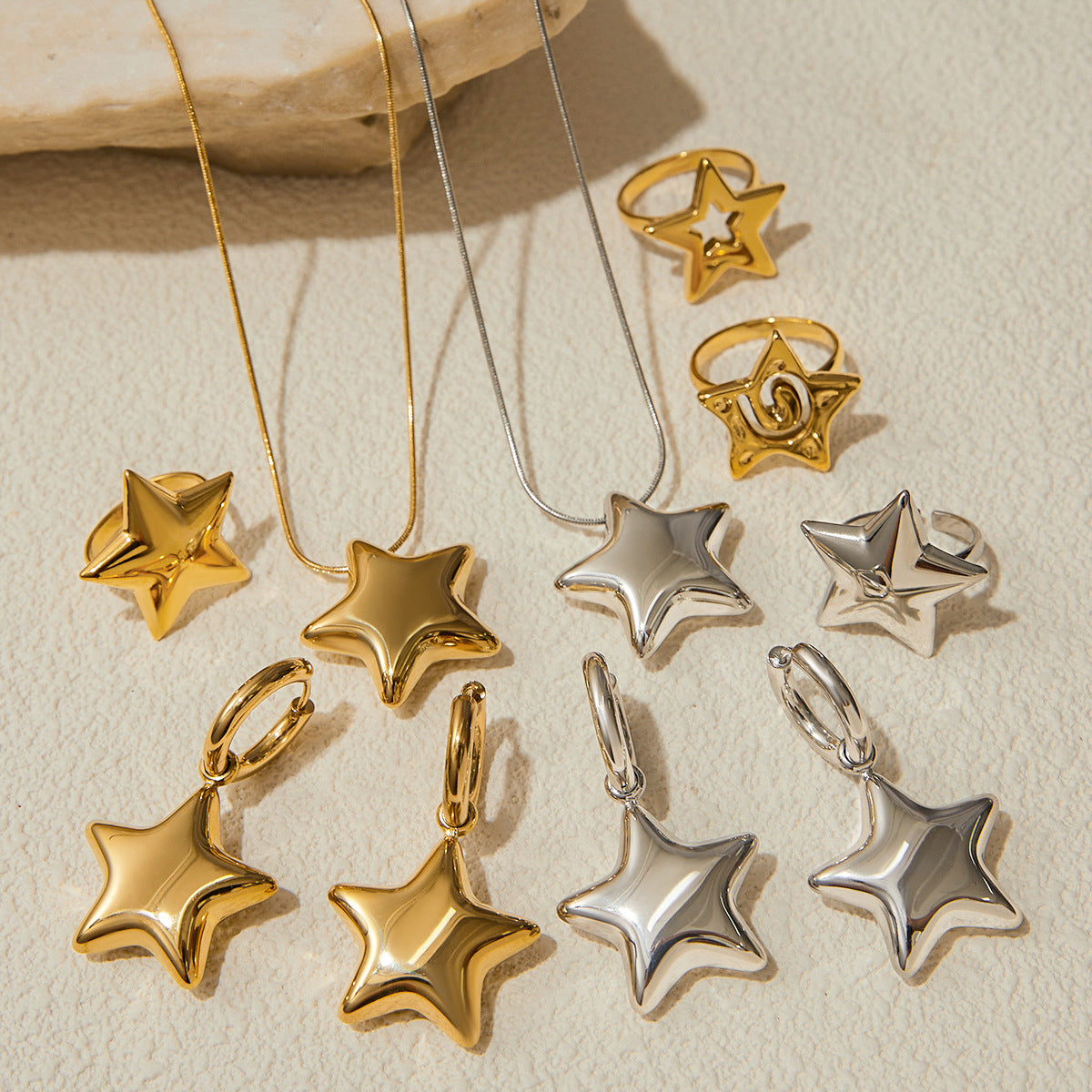 Minimalist Star Stainless Steel Jewelry Set Titanium Steel Pendant Plated Necklace Earrings Ring for Women