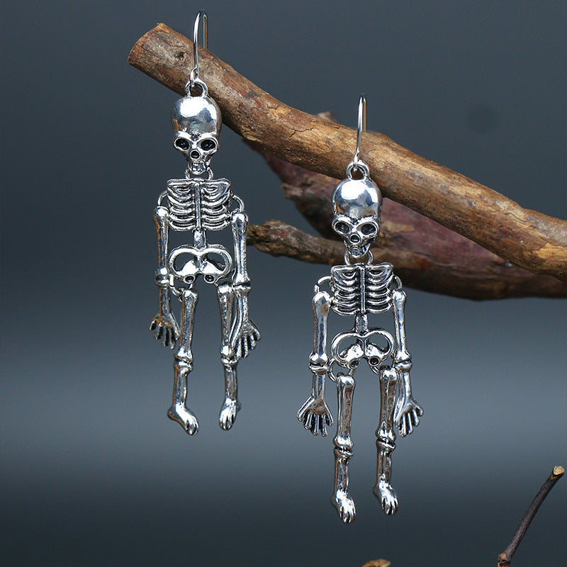 Aretes de aro con calavera de esqueleto estilo punk para mujer, con construcción de aleación y acabado galvanizado