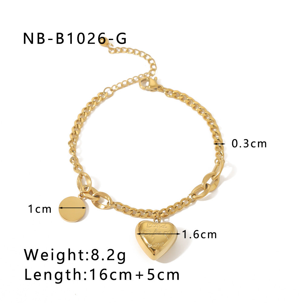 Vintage Minimalist Unisex Titanium Steel Heart-Shaped Pendant Bracelet with Polished Finish and 18K Vacuum Plating