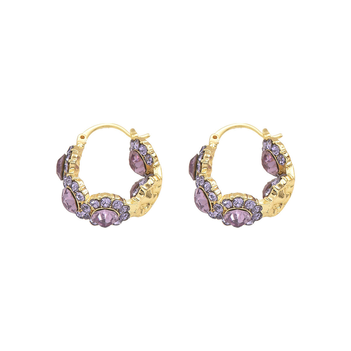 Pendientes de botón geométricos minimalistas redondos para mujer con incrustaciones de circonita púrpura y base de cobre