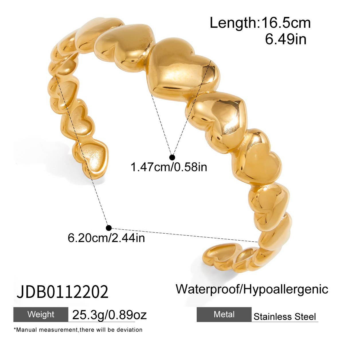 Luxury 18K Gold Plated Heart Stainless Steel Cubic Zirconia Bracelet