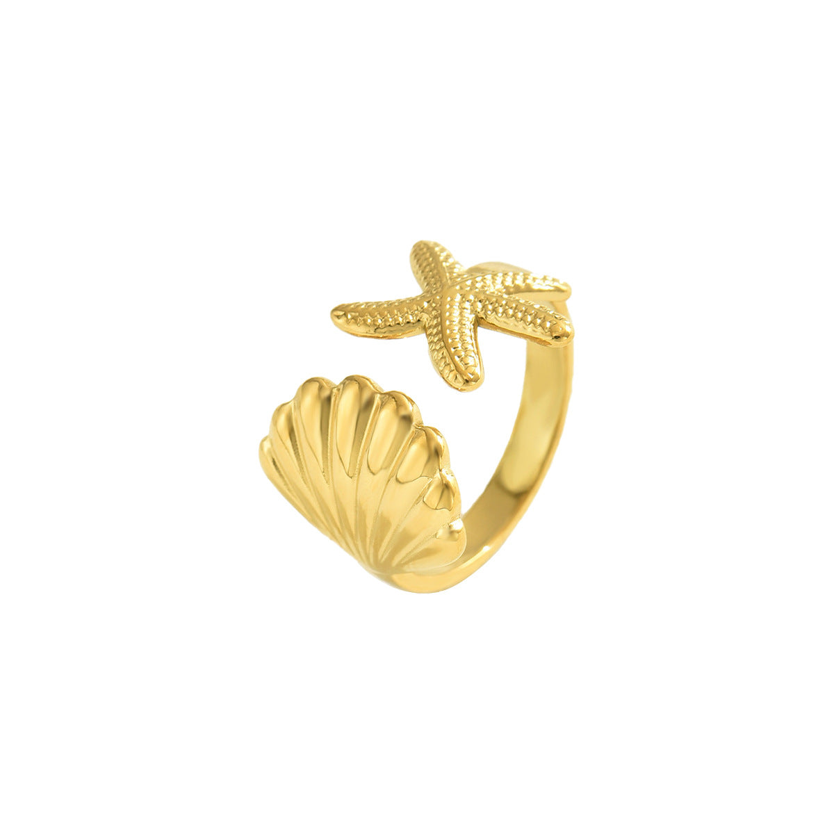 Anillo abierto ajustable de concha marina y estrella de mar minimalista de moda para mujer en cobre chapado