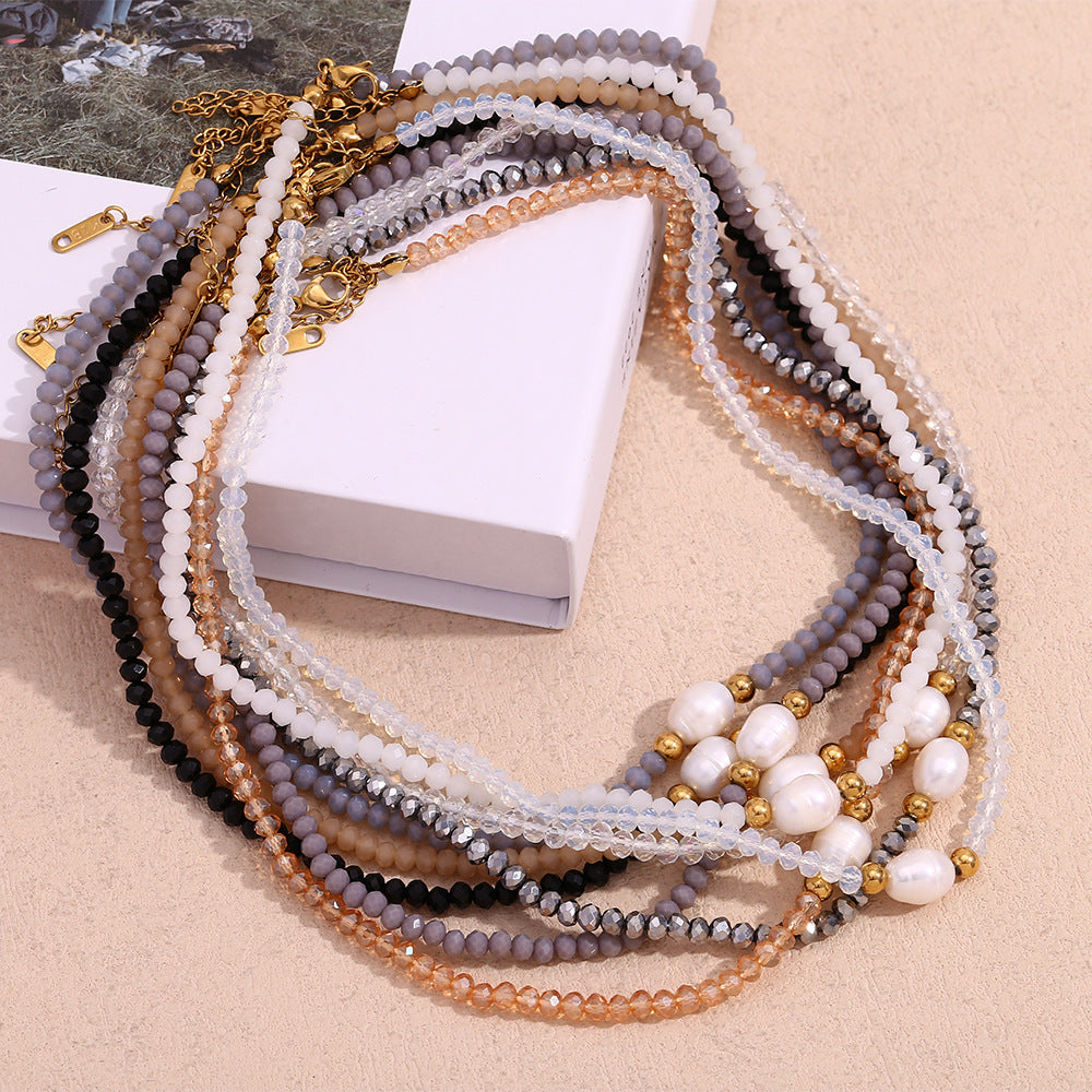 Fashionable Vintage Geometric Stainless Steel Pendant Necklace with Freshwater Pearl and Light Crystal Beads for Women