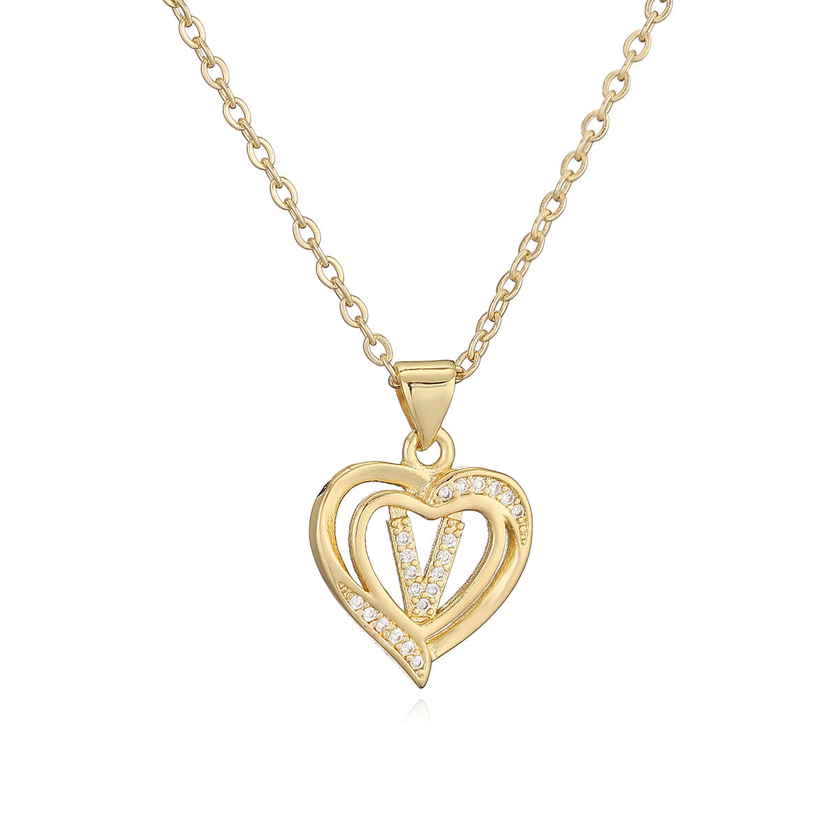 Collana con Pendente Minimalista in Rame, Placcatura in Oro 18K e Dettagli in Zircone a Forma di Cuore e Lettera per Donne
