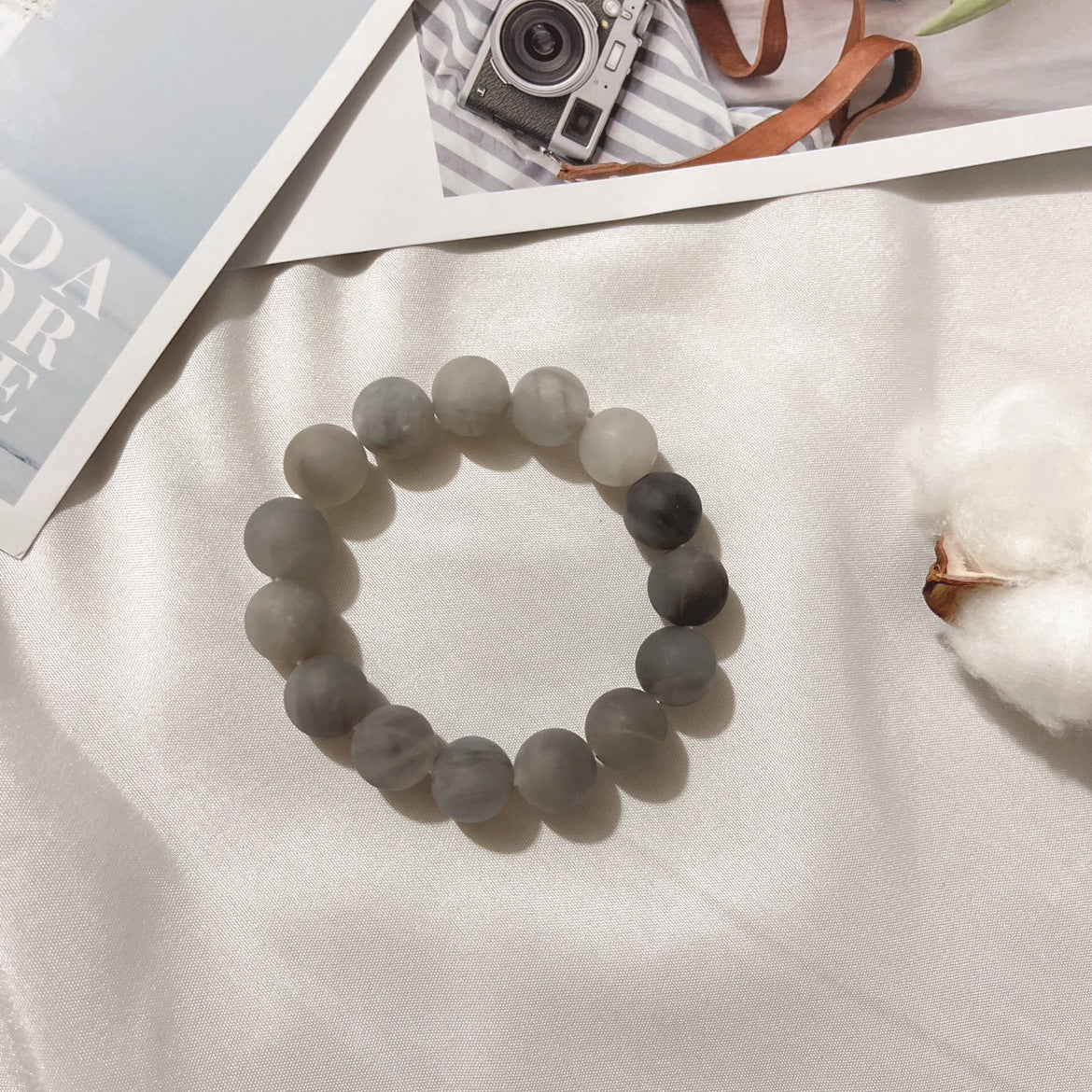 Vintage Matte Gray Crystal Beaded Bracelet Geometric Round Stone Hand Jewelry for Men and Women