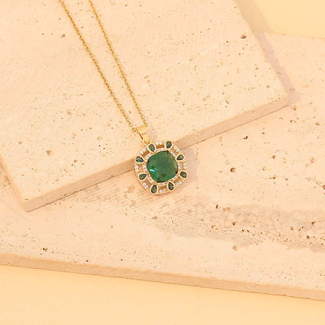 Vintage Geometric Square Pendant Necklace in Stainless Steel with Full Rhinestone Inlay