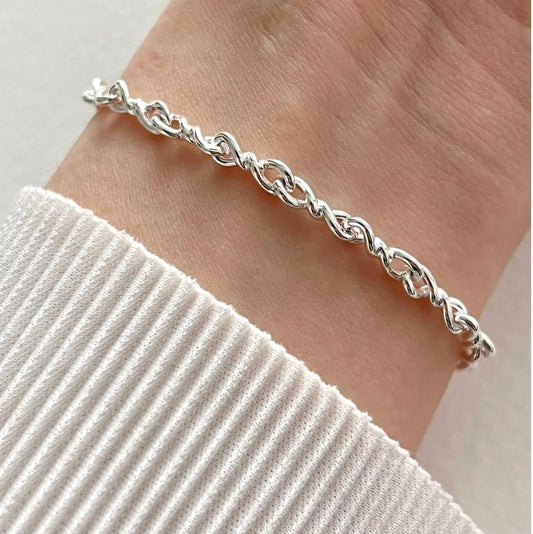 Minimalist Folded Fine Beaded Silver Bracelet for Women S925 Sterling Silver with Rope Knot Detail