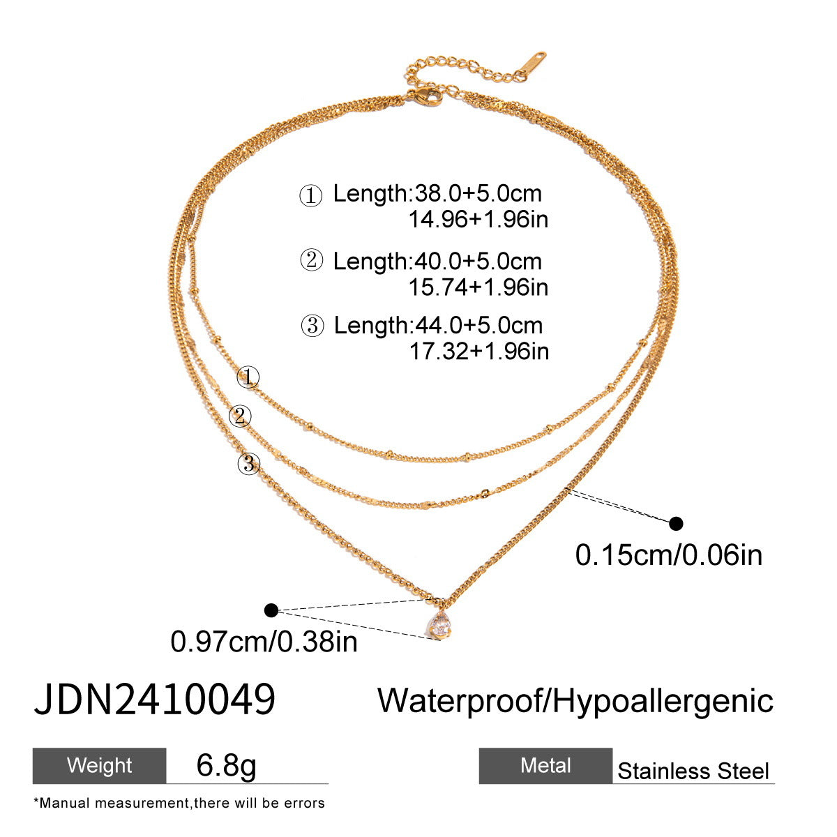 Collana da donna a più strati con perle dorate in acciaio inossidabile placcato e acciaio al titanio, con dettagli geometrici e linee delicate